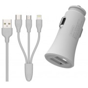 WK Design Warpath Car Charger + 3 in 1 Charging Cable, White