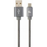 Cable USB2.0/Micro-USB - 1m - Cablexpert CC-USB2S-AMmBM-1M-BG, Premium spiral metal Micro-USB charging and data cable, USB 2.0 A-plug to Micro-USB plug, up to 480 Mb/s, cotton braided, blister, grey