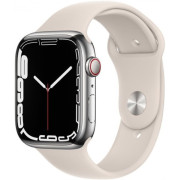 Apple Watch Series 7 GPS + Cellular 45mm. Silver Stainless Steel Case with Starlight Sport Band ( MKJV3)
