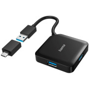 Hama USB Hub, 4 Ports, USB 3.2 Gen 1, 5 Gbit/s, incl. USB-C Adapter and PSU
