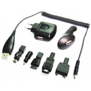 Универсальное зарядное устройство и комплект переходников с кабелями MP3A-SET3- от сети 220В, прикуривателя в автомобиле, USB