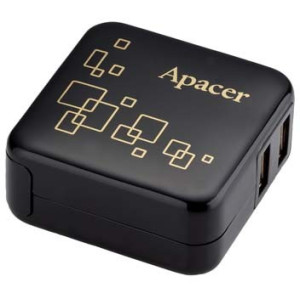 Apacer C120 2port USB Charger, Build-in 2 USB ports, LED indicator, AC 100-240V, Output 5.0V-1000mA for 1 Usb, 5.0V-500mA for 2 USB, Micro USB cable + Carring Bag, Black
