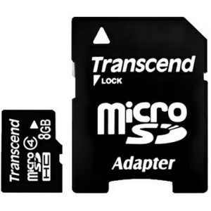 8GB MicroSDHC (Class  4), SD adapter, Transcend "TS8GUSDHC4" (R/W:19/5MB/s)