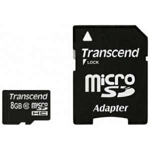 8GB MicroSDHC (Class 10), SD adapter, Transcend "TS8GUSDHC10" (R/W:20/16MB/s)