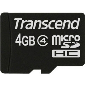 4GB MicroSDHC (Class 4), SD adapter, Transcend "TS4GUSDHC4" (R/W:19/5MB/s)