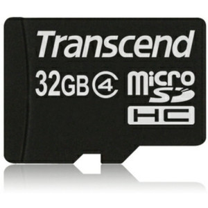32GB MicroSDHC (Class 4), SD adapter, Transcend "TS32GUSDHC4" (R/W:19/7MB/s)