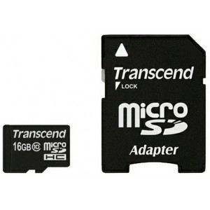 16GB MicroSDHC (Class 10), SD adapter, Transcend "TS16GUSDHC10" (R/W:20/16MB/s)