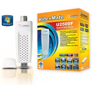TV Tuner COMPRO VideoMate U2500F Hybrid TV/FM Stick, USB COMPRO USB 2.0 Hybrid Digital and Analog TV/FM/Capture stick, W/FM, W/Stereo, MCE card-design IR Remote Control, USB IR Receiver, USB cable, 3 in 1 video/audio input cable, I-type to F-type converte