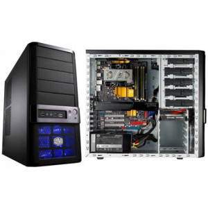 CoolerMaster GLADIATOR 600 ATX Case, PSU RS-460-PCAP-J3 (460W, PPFC, 24pin, PCI-E 6x pin, 4xSATA, 120mm fan), Meshed front panel, Tool-less, 140mm top silent fan, 120mm front fan Blue LED on/off, 2xUSB/Audio, eSATA, Black