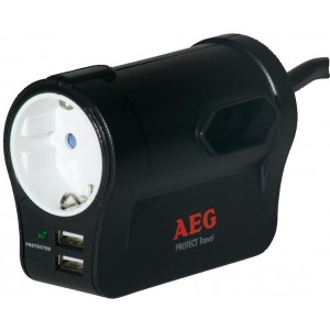 AEG Protect.Travel compact Surge Protector, 3 sockets (1 + 2 EU sockets), 2x USB protected chargers, active surge protection indicator, compact dimensions for travelling, 90 degrees rotating mains input cord