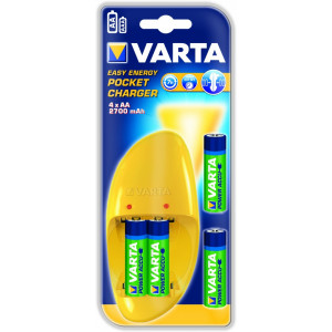 Varta Pocket Charger 4-pos AA/AAA + 2 accumulator AA 2700mAh, Charging time: 13h. Зарядка 2 или 4 аккумуляторов (NiMH или NiCd) за ночь. Отключение по таймеру. 1 LED для каждой пары аккумуляторов. Зарядный ток: ААА - 120-140 (± 20%) mA, АА - 220-250 (± 20