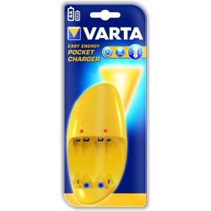 Varta Pocket Charger 4-pos AA/AAA + 4 accumulator AA 2100mAh, Charging time: 13h. Зарядка 2 или 4 аккумуляторов (NiMH или NiCd) за ночь. Отключение по таймеру. 1 LED для каждой пары аккумуляторов. Зарядный ток: ААА - 120-140 (± 20%) mA, АА - 220-250 (± 20