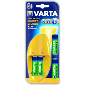 Varta Pocket Charger 4-pos AA/AAA + 4 accumulator AA 2700mAh, Charging time: 13h. Зарядка 2 или 4 аккумуляторов (NiMH или NiCd) за ночь. Отключение по таймеру. 1 LED для каждой пары аккумуляторов. Зарядный ток: ААА - 120-140 (± 20%) mA, АА - 220-250 (± 20