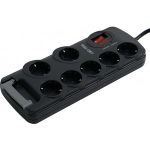 AEG Protect.Basic.GE7 Surge Protector, 7 sockets (5 +2x extra spaced outlet), 1.8 m, Resettable automatic circuit breaker, child safety shutters, wall mountable, operating state and active surge protection LEDs, cable fixture