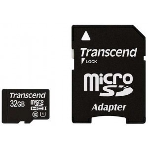32GB MicroSDHC (Class 10), SD adapter, UHS-I, 300X, Transcend "TS32GUSDU1" Premium (R/W:90/25MB/s)