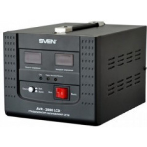 SVEN AVR-2000 LCD, 2000VA /1400W, Automatic Voltage Regulator, 2x Schuko outlets, Input voltage: 100-280V, Output voltage: 220V ± 8%, digital indicators of input and output voltage on the front panel, Pause function