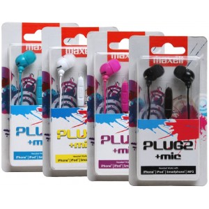 MAXELL "PLUGZ" White, Earphones with in-line Microphone, Hands free calling features, 3 sets of ear tips, Fabric braided cord, Cord type cable 1.2 m