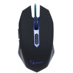 Gembird MUSG-001-B, Gaming Optical Mouse, 2400dpi adjustable, 6 buttons,  Illuminated (Blue light) scroll wheel, logo and side accents; Non-slip rubberized ergonomic design, Practical tangle free nylon mesh cable, USB, Black