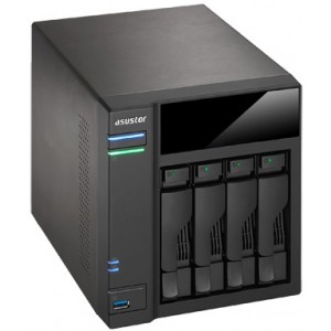4-bay NAS Server  ASUSTOR "AS6104T", Intel Celeron N3050 (Dual-Core) 1.6-2.16GHz, 2GB DDR3L(Max.8GB), 2.5"/3.5"SATA x4 (Hot Swap), USB3.0 x3, USB2.0 x2, eSATA x2, Gigabit LAN x2, HDMI, S/PDIF, AES-NI, Hard. transcoding, IR, Surveillance: <25 (4 Free)
