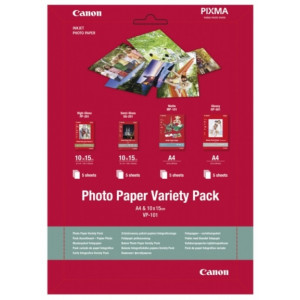 Paper Canon Variety Pack VP-101, A4 (210x297mm) & 4"x6" (102x152mm), Set: Matte MP-101-1pcs (A4 of 5 sheets) & Glossy GP-501-1pcs (A4 of 5 sheets) & High-Gloss PP-201 - 1pcs (10x15cm of 5 sheets) & Semi-Gloss SG-201-1pcs (10x15cm of 5 sheets)