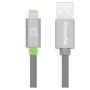 Cable Lightning 1.2m - XtremeMac Flat LED Lightning Cable, Silver, Apple MFI Certified, Charge and Sync with smart LED (Red - Charging, Green - Fully Charged), Premium Aluminium connector Shell matches the design of your Apple device