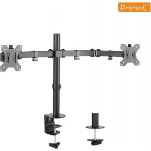   Brateck LDT12-C024N Double Joint Steel Monitor Arm for 2 monitors, 13"-32", +45° ~ -45° tilt; +90° ~ -90° swivel; 360° rotate, VESA: 75x75, 100x100, Arm Extend: 460mm, Clamp thickness: 10-85mm, Max load capacity 8Kg