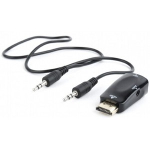 Adapter HDMI-VGA Gembird  A-HDMI-VGA-02, HDMI to VGA  and audio adapter, single port, Converts digital HDMI input (19 pin male, v.1.4) into analog VGA output (DB15 female) + 3.5 mm audio