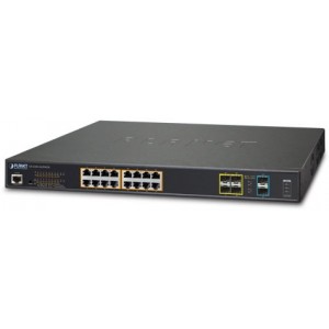 "16-port Gigabit  Managed PoE+ Switch, Planet ""GS-5220-16UP4S2X"", with 4 SFP and 2 SFP+, steel case
http://www.planet.com.tw/en/product/product.php?id=49001#spec"