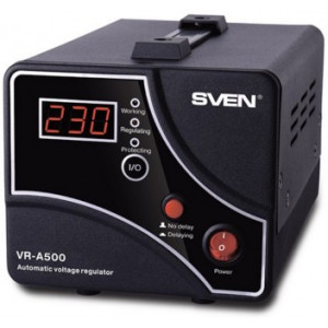SVEN VR-A500, 500VA /300W, Automatic Voltage Regulator, 1x Schuko outlets, Input voltage: 140-275V, Output voltage: 230V ± 10%, input and output voltage digital indicator on the front panel, Power supply delay function, metal body, Black