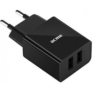  ACME CH204 Wall charger, Black, Input AC 100–240 V, 50/60 Hz, Output 2 x USB Type-A DC 5 V, 2.4 A (12 W)