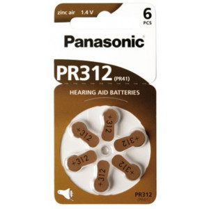 "PR312, Blister*6, Panasonic, PR-312/6LB (PR41), 3.6x7.9mm, 170mAh
-  
  http://www.panasonic-batteries.com/eu/products/special/hearing_aid_batteries/PR312"