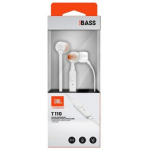 JBL T110 / In-ear headphones with microphone, Dynamic driver 9 mm, Frequency response 20 Hz-20 kHz, 1-button remote with microphone, JBL Pure Bass sound, Tangle-free flat cable, 3.5 mm jack, White