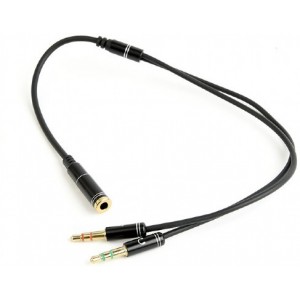 "CCA-418M 3.5 mm 4-pin F to 2 x 3.5 mm stereo plug adapter M, black, metal connectors
-    
 https://gembird.nl/item.aspx?id=10052"