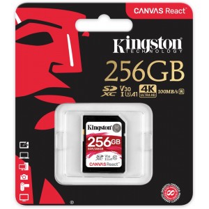 256GB SD Class10 UHS-I U3 (V30)  Kingston Canvas React, Ultimate, 633x, Read: 100Mb/s, Write: 80Mb/s, Water/Shock and vibration/Temperature proof, Protected from airport x-rays, Ideal for shooting burst-mode photos and 4K video