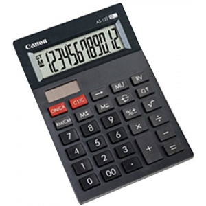 Calculator Canon AS-120, Black, 12 digit , Large LCD (91.5x23.8mm), Character Size (19x6.12mm), Adjustable (2-level) Display, Double Independent Memory, Command Signs, Auto-power Off, Power (Solar and battery LR44), Size 177x119x37mm, Weight 152g