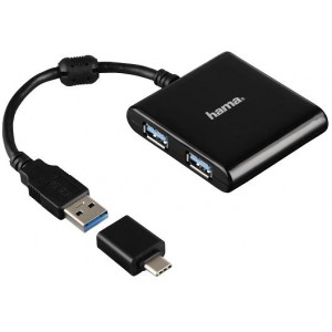 Hama 12325 1:4 USB 3.1 Hub incl. USB-C Adapter, Bus-Powered, black