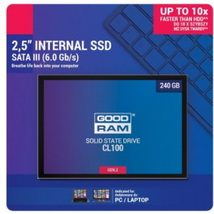2.5" SSD 240GB  GOODRAM CL100 Gen.2, SATAIII, Sequential Reads: 520 MB/s, Sequential Writes: 400 MB/s, Thickness- 7mm, Controller Marvell 88NV1120, NAND TLC