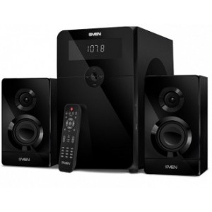 SVEN MS-2250 Black,  2.1 / 50W + 2x15W RMS, Bluetooth, FM-tuner, USB & SD card Input, Digital LED display, built-in clock, set the switch-off time, remote control, all wooden