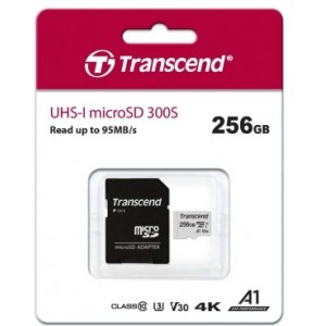 256GB MicroSD (Class 10) UHS-I (U1)+SD adapter, Transcend "TS256GUSD300S" (R/W:95/45MB/s)