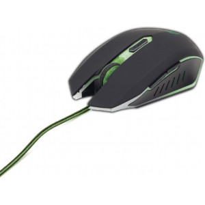 Gembird MUSG-001-G, Gaming Optical Mouse, 2400dpi adjustable, 6 buttons,  Illuminated scroll wheel, logo and side accents; Non-slip rubberized ergonomic design, Practical tangle free nylon mesh cable, USB, Black-Green