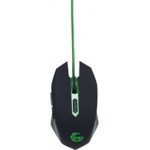 Gembird MUSG-001-G, Gaming Optical Mouse, 2400dpi adjustable, 6 buttons,  Illuminated scroll wheel, logo and side accents; Non-slip rubberized ergonomic design, Practical tangle free nylon mesh cable, USB, Black-Green