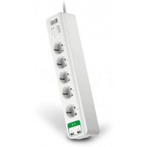 Surge Protector  APC Essential PM5U-RS, 5 Sockets CEE 7 Schuko + 2 USB 5V, 2,4A, 230V, Input power 2300W, Max Input Current 10A, Peak Current 24.0 kA, Surge energy rating 918 joules, 1.83m, White