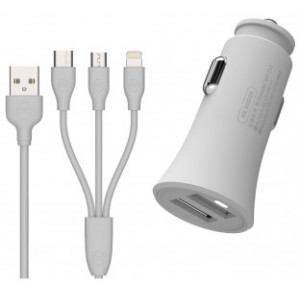 WK Design Warpath Car Charger + 3 in 1 Charging Cable, White