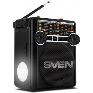 SVEN SRP-355 Black, FM/AM/SW Radio, 3W RMS, 8-band radio receiver, built-in audio files player from USB-fash, microSD and SD card storage devices, telescopic swivel antenna, built-in battery