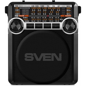 SVEN SRP-355 Black, FM/AM/SW Radio, 3W RMS, 8-band radio receiver, built-in audio files player from USB-fash, microSD and SD card storage devices, telescopic swivel antenna, built-in battery
