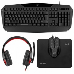 "Gaming Keyboard & Mouse & Mouse Pad & Headset SVEN GS-4300, Black, USB/3.5mm, Mouse: Optical, up to 3200 dpi, 8 buttons; Keyboad:  Full size, 3-color backlight, FN keys, 10-key rollover ; Headset:  20-20000Hz, 30 Ohm, 105dB"