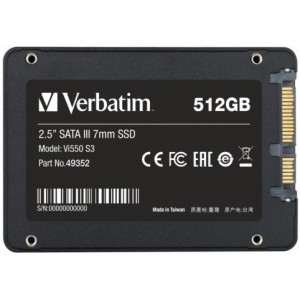 2.5" SSD 512GB Verbatim VI550 S3, SATAIII, Sequential Reads: 560 MB/s, Sequential Writes: 535 MB/s, Maximum Random 4k: Read: 75,000 IOPS / Write: 86,000 IOPS, Thickness- 7mm, Controller Phison PS3111, 3D NAND TLC