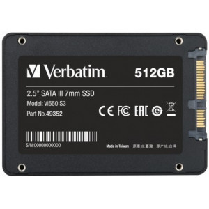 2.5" SSD 512GB  Verbatim VI550 S3, SATAIII, Sequential Reads: 560 MB/s, Sequential Writes: 535 MB/s, Maximum Random 4k: Read: 75,000 IOPS / Write: 86,000 IOPS, Thickness- 7mm, Controller Phison PS3111, 3D NAND TLC