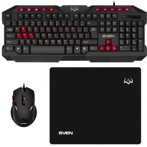 SVEN GS-9200 Gaming Set, Keyboard+Mouse+MousePad, keys 14 keys, 10 Fn-keys, mouse 5+1(800-2400 DPI) , USB, Black