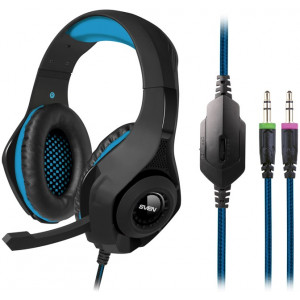 SVEN AP-G887MV, Gaming Headphones with microphone, 3.5 mm (4 pin) or 2*3.5 mm (3 pin) stereo mini-jack (connector for PC), volume control on the cable, Non-tangling cable with fabric braid, Cable length: 2.2m, Black/Blue